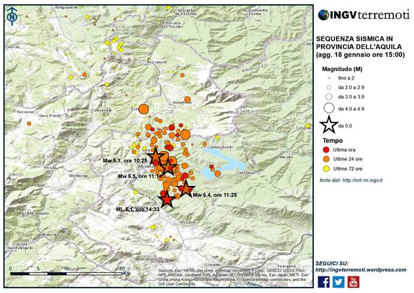 INGV, eventi sismici del 18 gennaio 2017 nel Centro Italia di cui 4 di magnitudo > 5.0
